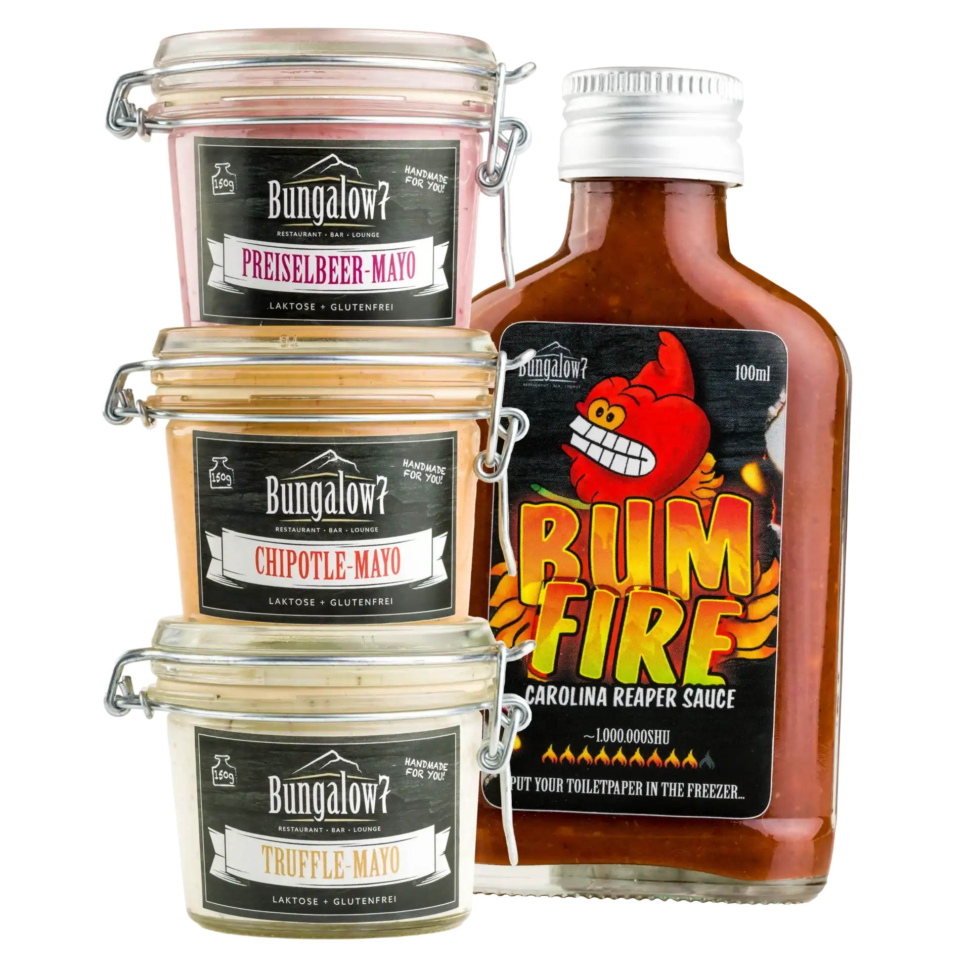 Bungalow 7 dips and Bum Fire Hot Sauce
