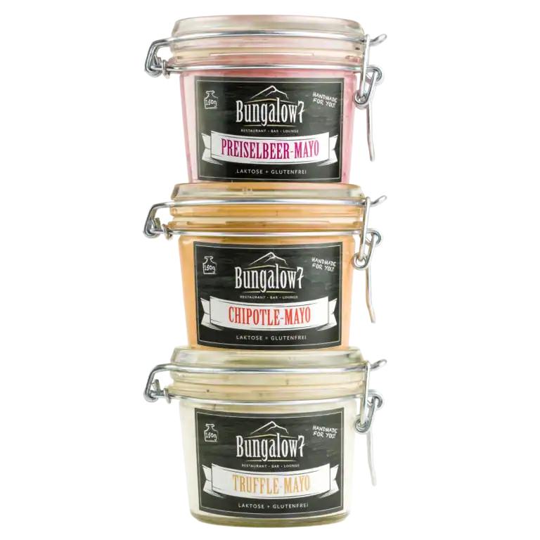 Drei verschiedene Mayonnaise in Gläsern bei Bungalow 7.