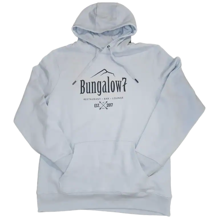 Weißer Hoodie mit Bungalow 7 Logo für Restaurant, Bar, Lounge.
